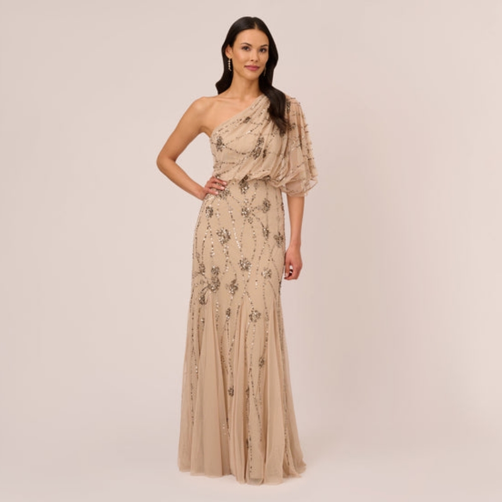 Adrianna Papell One-Shoulder Beaded Gown sz 10P Nude